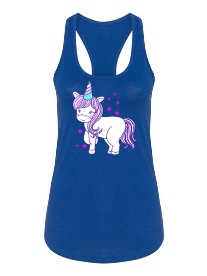 Baby unicorn racerback tank top by Start2Finish, featuring a colorful unicorn design on lightweight apparel.