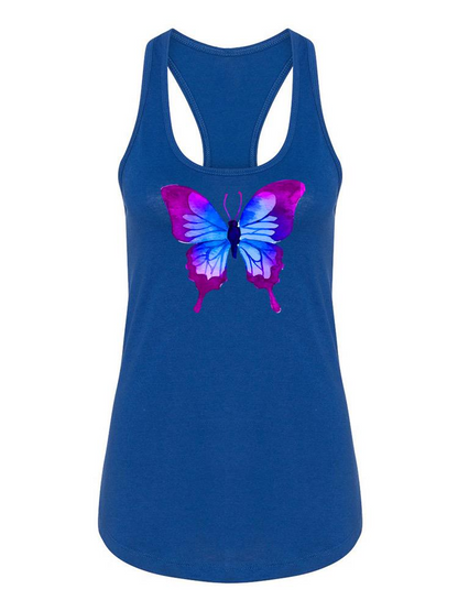 Purple butterfly racerback tank top by Start2Finish, featuring a vibrant butterfly design on soft apparel fabric.