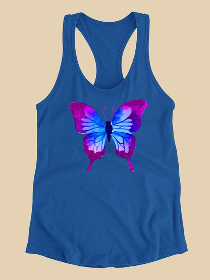 Purple butterfly racerback tank top by Start2Finish with colorful butterfly design, sleeveless apparel for activewear or casual wear.