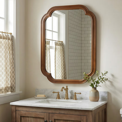 Round decorative mirror with solid wood frame and rounded corners, ideal for bedroom decor by Sangria Beech.