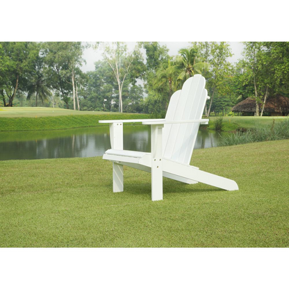 White Adirondack chair by Start2Finish, showcasing a classic outdoor wooden lounge chair with wide armrests and slanted backrest