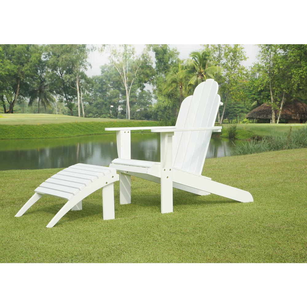 White Adirondack chair by Start2Finish, showing a classic outdoor wooden lounge chair with wide armrests and a slanted backrest.