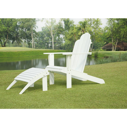 White Adirondack chair by Start2Finish, showing a classic outdoor wooden lounge chair with wide armrests and a slanted backrest.