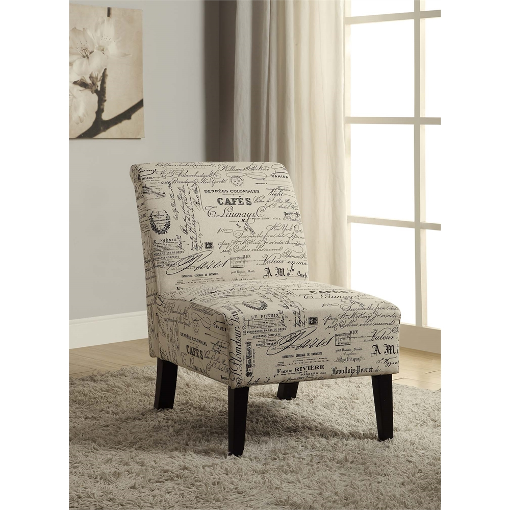 Linen Script Lily Chair by Start2Finish featuring a stylish linen-upholstered chair with a script lily design and wooden legs.