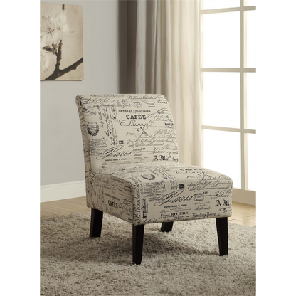 Linen Script Lily Chair by Start2Finish featuring a stylish linen-upholstered chair with a script lily design and wooden legs.