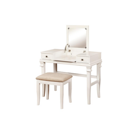 Start2Finish Angela White vanity set with mirror, drawers, and cushioned stool, designed for elegant bedroom furniture.