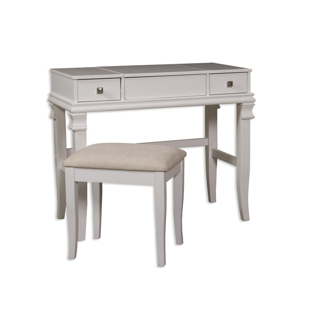 Start2Finish Angela White Vanity Set with a mirror, drawers, and cushioned stool for elegant bedroom furniture.