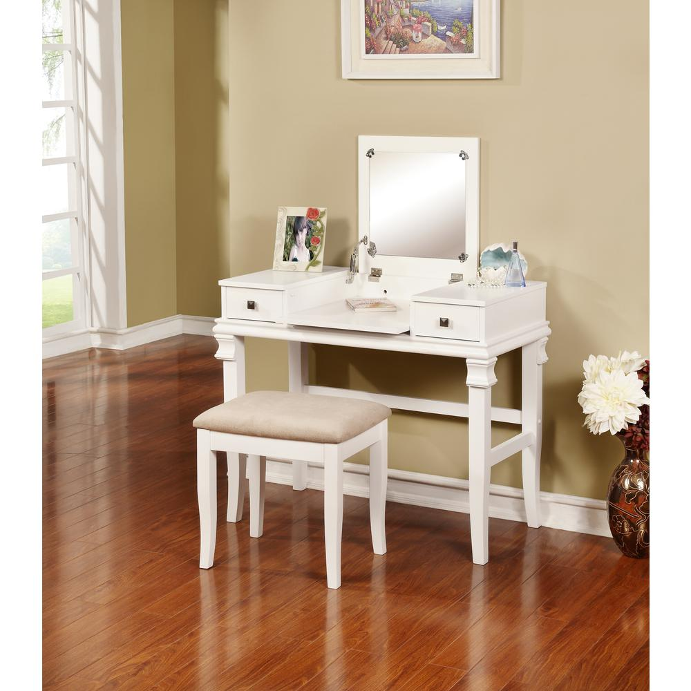 Start2Finish Angela White vanity set with mirror, drawers, and cushioned stool for stylish bedroom furniture.