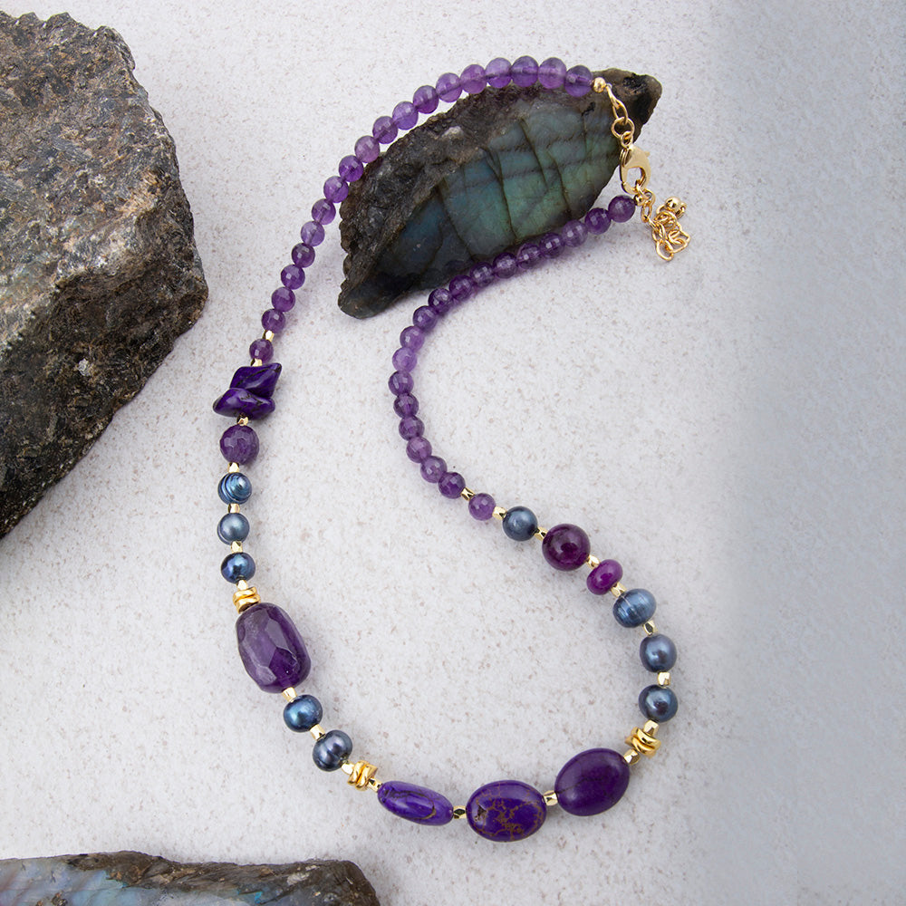 Purple amethyst chunky gold necklace from Start2Finish featuring large amethyst stones and a bold jewelry design.
