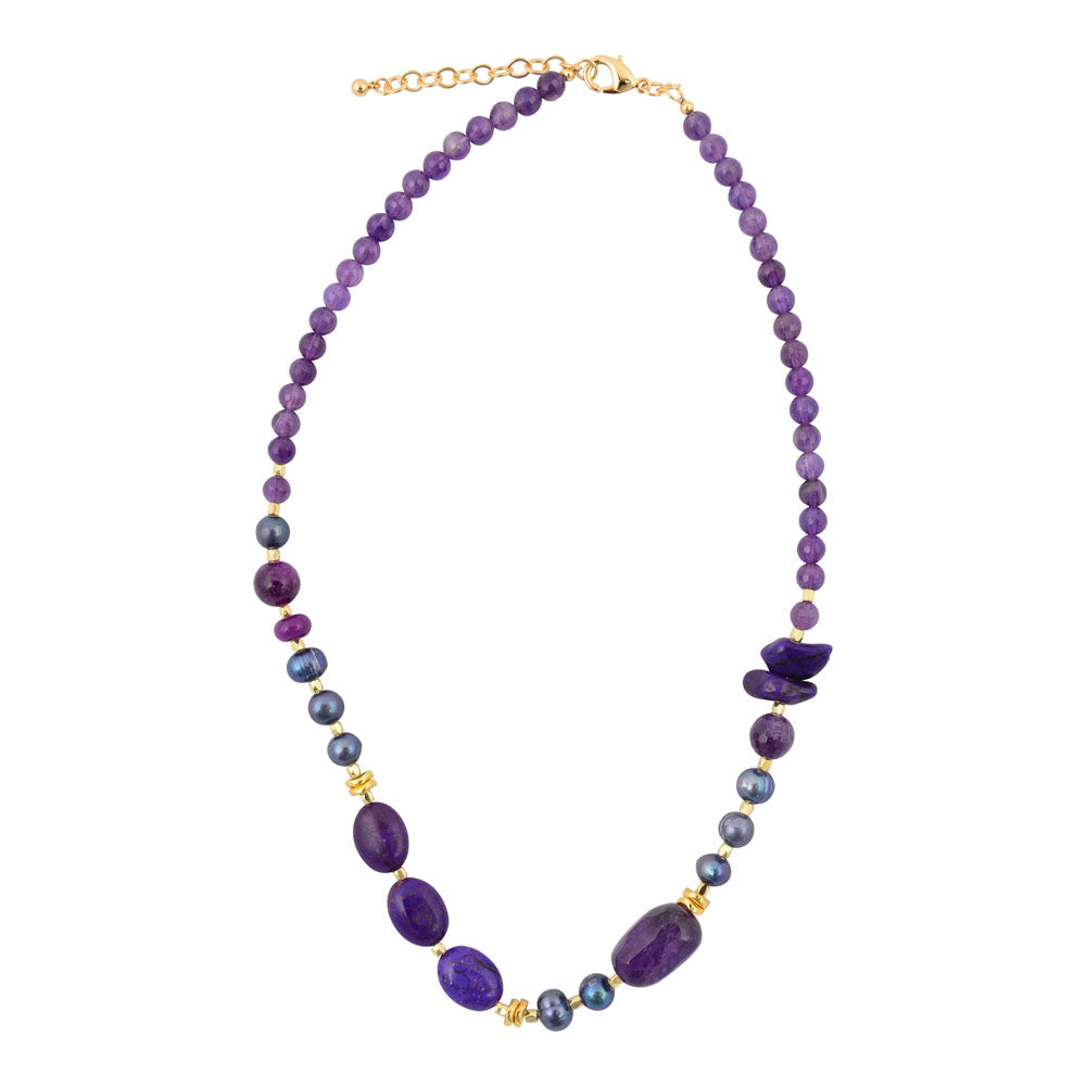 Purple amethyst and gold chunky necklace with large gemstone beads, stylish jewelry piece by Start2Finish.