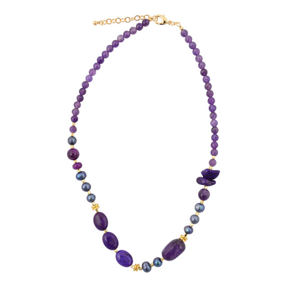 Purple amethyst and gold chunky necklace with large gemstone beads, stylish jewelry piece by Start2Finish.