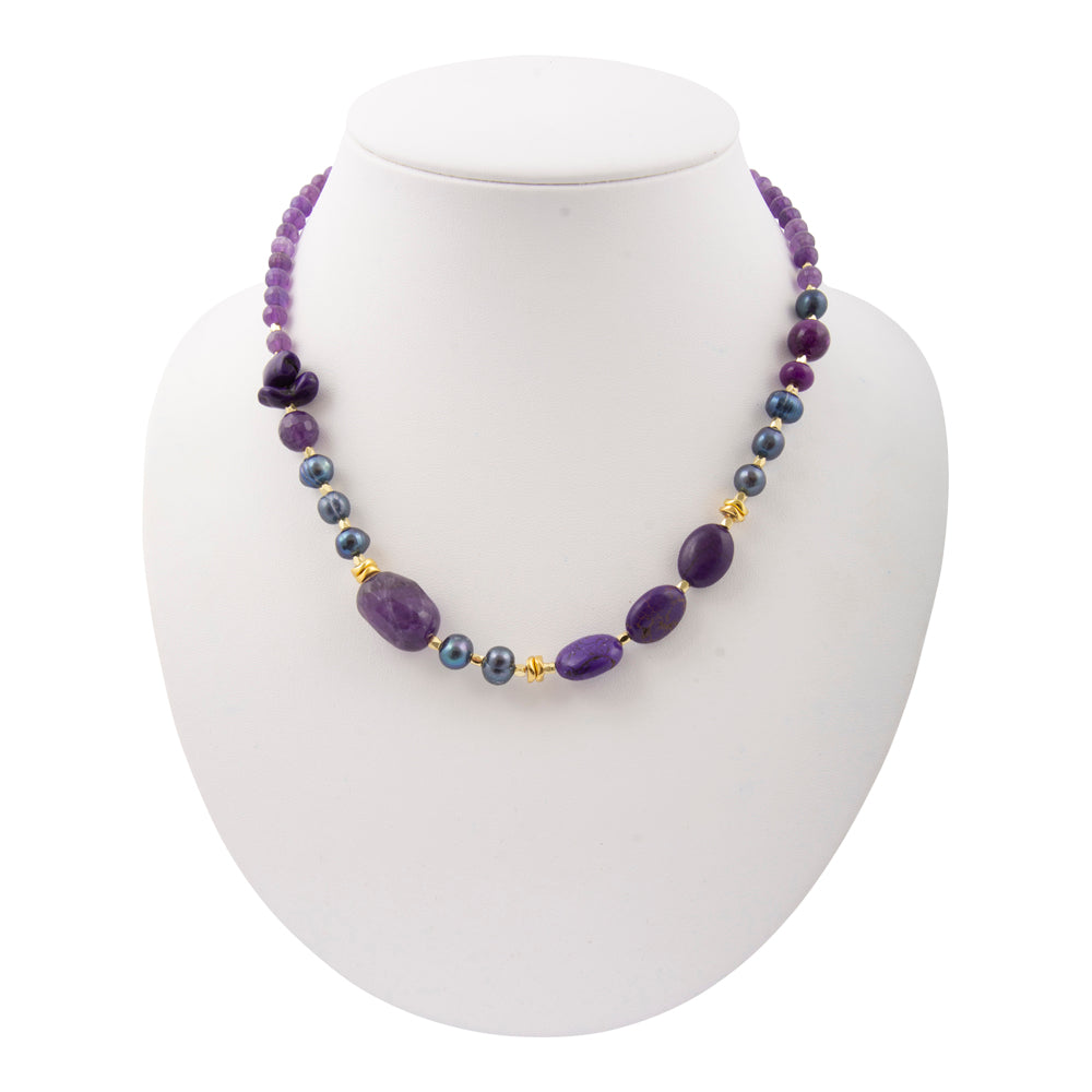 Purple amethyst chunky necklace with gold accents, featuring large amethyst stones and a stylish jewelry design.