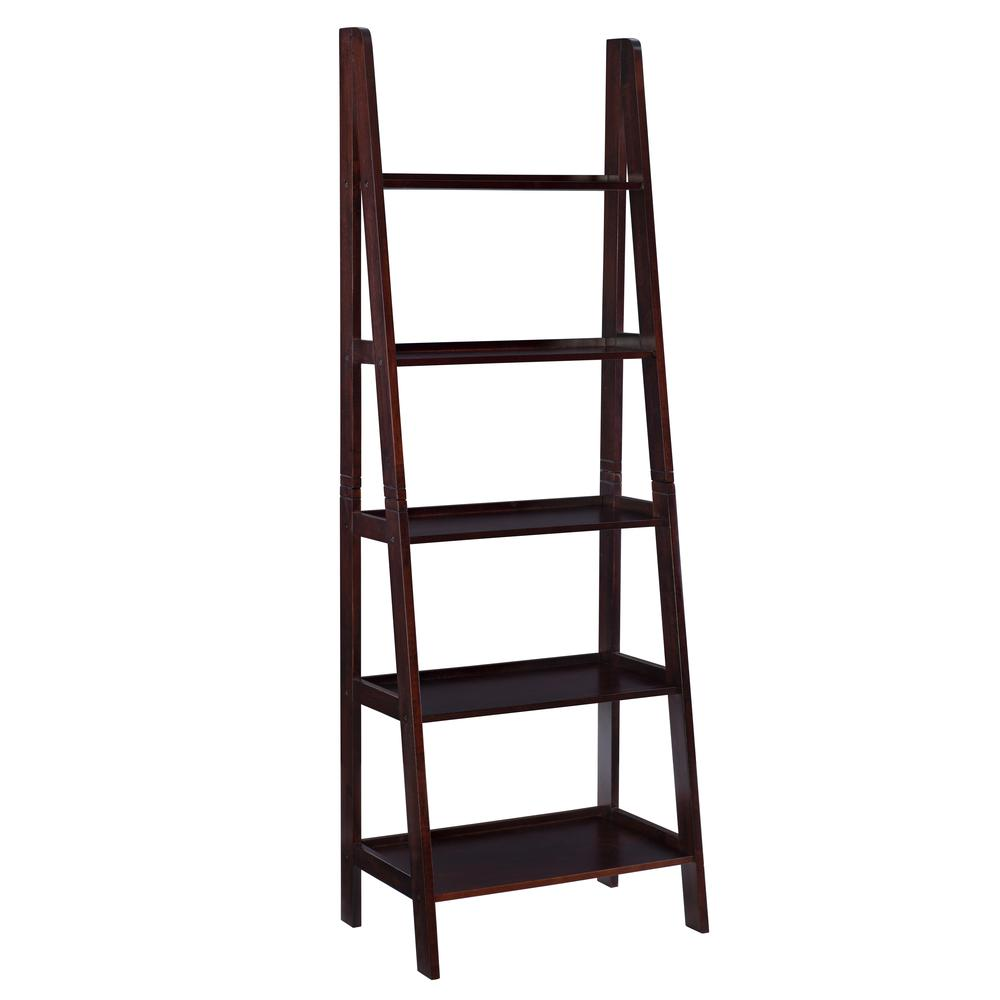 Start2Finish Acadia Ladder Bookshelf in espresso finish showing five shelves and a modern, stylish design for home storage.