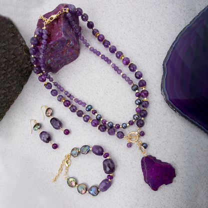 Purple amethyst and jasper pendant necklace with gold accents, showcasing a detailed jewelry design with natural stone gemstones.