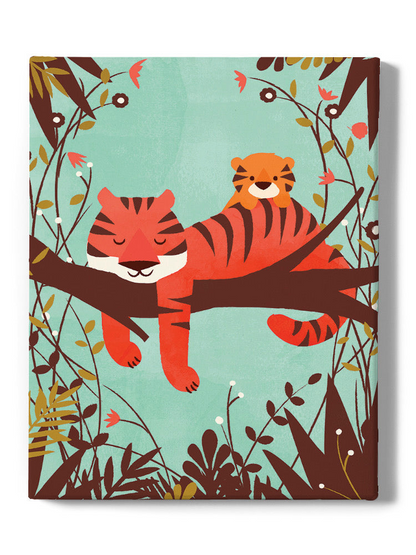 Sleeping tiger mom wall art by Jay Fleck Designs, featuring a detailed illustration of a sleeping tiger and her cubs for home decor.