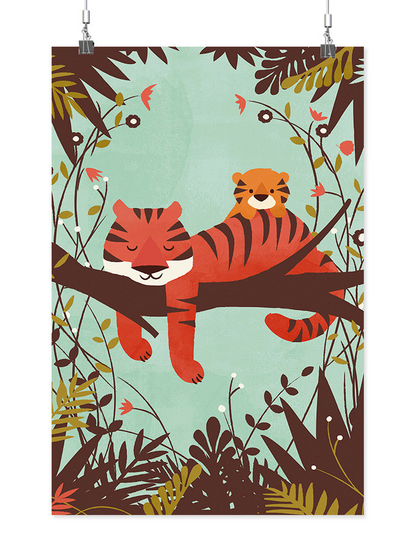 Sleeping Tiger Mom wall art by Jay Fleck Designs, featuring a detailed illustration of a tiger and motherly scene for home decor.
