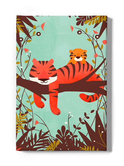 Sleeping Tiger Mom wall art by Jay Fleck Designs, featuring a detailed illustration of a sleeping tiger and mother in a home decor scene.