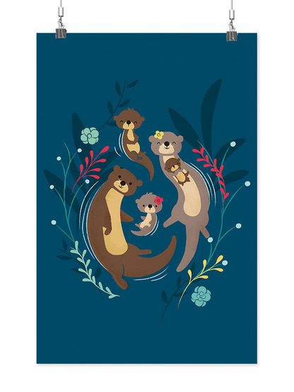 Otter family wall art print by Jay Fleck Designs, featuring a charming family of otters in a natural setting for home decor.