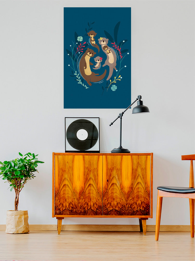 Colorful Otter Family wall art by Jay Fleck Designs featuring playful otters in a home decor scene, perfect for nature-inspired interiors.