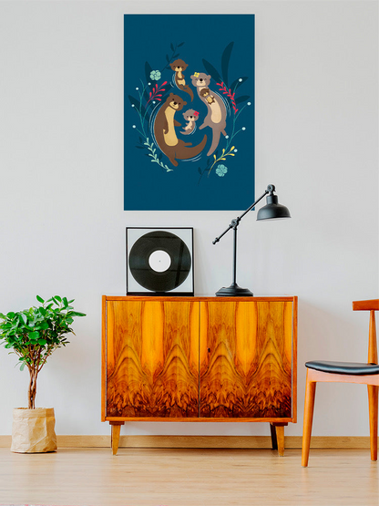 Colorful Otter Family wall art by Jay Fleck Designs featuring playful otters in a home decor scene, perfect for nature-inspired interiors.