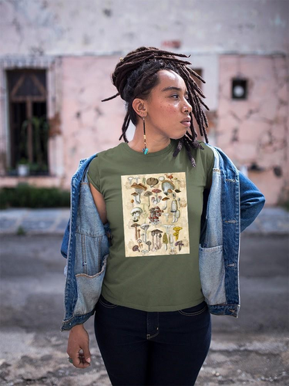 Mycological Study T-shirt by Naomi McCavitt Designs, featuring mushroom illustrations on casual apparel.