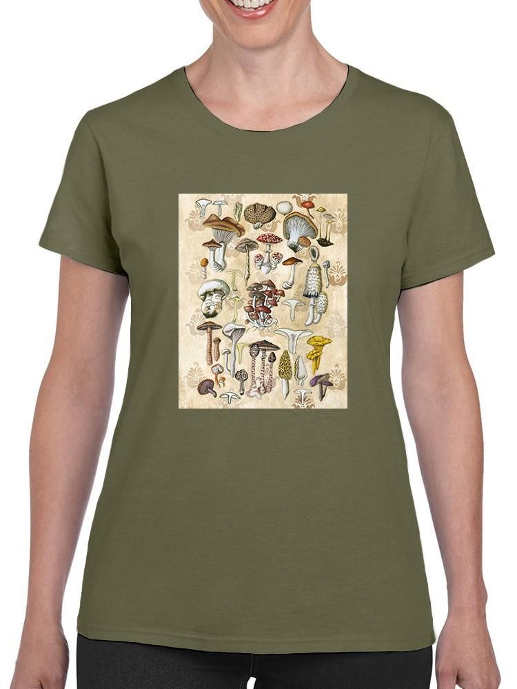 Mycological Study T-shirt by Naomi McCavitt Designs, casual apparel featuring mushroom illustrations and botanical artwork.