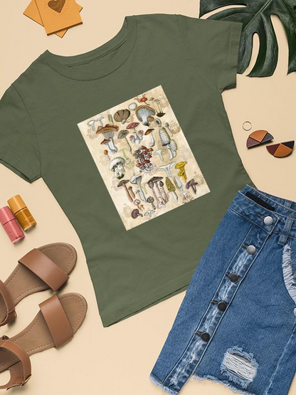 Start2Finish Mycological Study T-shirt by Naomi McCavitt Designs featuring detailed mushroom illustrations on soft fabric.