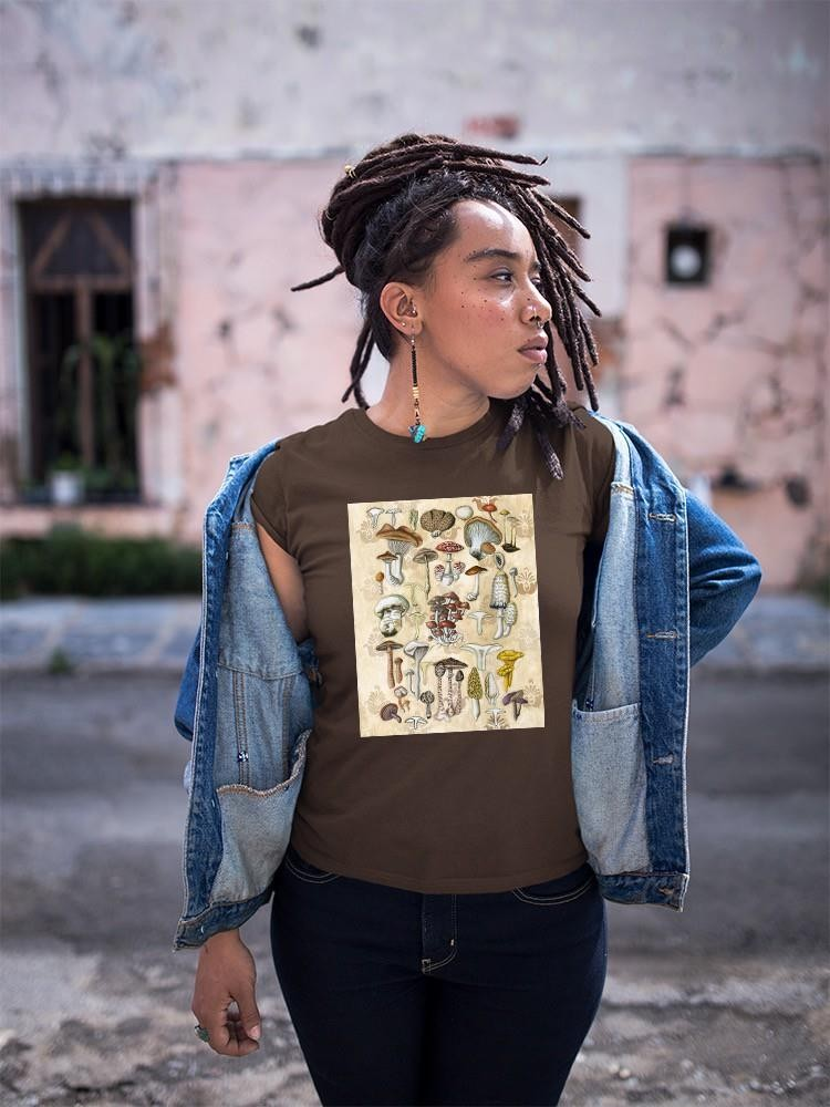 Mycological Study T-shirt by Naomi McCavitt Designs, featuring detailed mushroom illustrations on casual apparel.