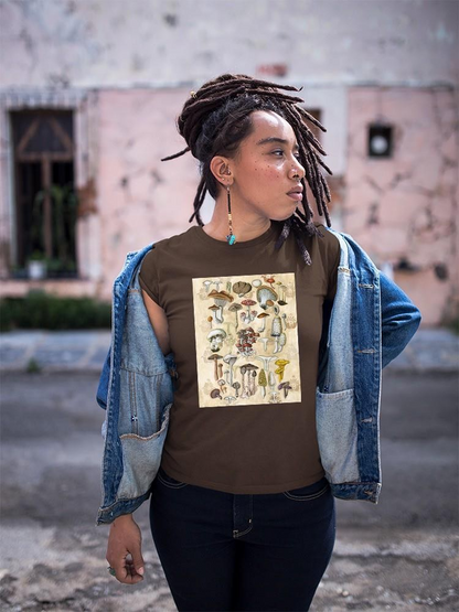 Mycological Study T-shirt by Naomi McCavitt Designs, featuring detailed mushroom illustrations on casual apparel.