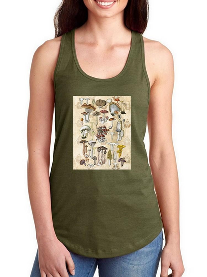 Mycological Study T-shirt by Naomi McCavitt Designs, featuring detailed mushroom illustrations on a casual apparel top.