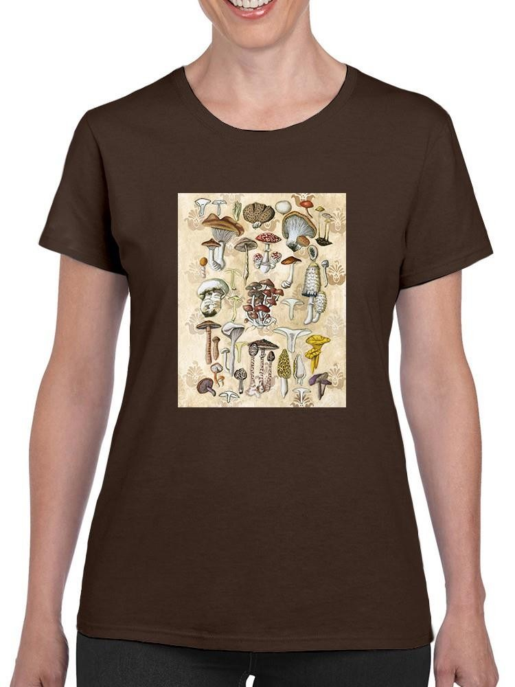 Start2Finish mycological study T-shirt featuring Naomi McCavitt Designs with detailed mushroom illustrations on white fabric.