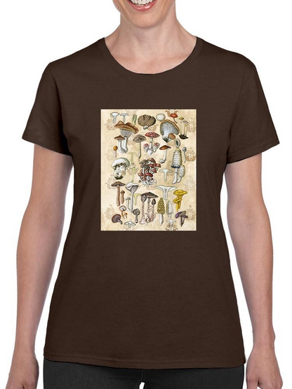 Start2Finish mycological study T-shirt featuring Naomi McCavitt Designs with detailed mushroom illustrations on white fabric.