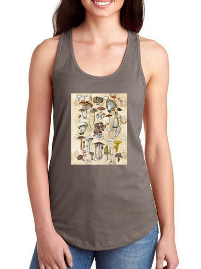 Mycological Study T-shirt by Naomi McCavitt Designs, featuring detailed mushroom illustrations on comfortable apparel.