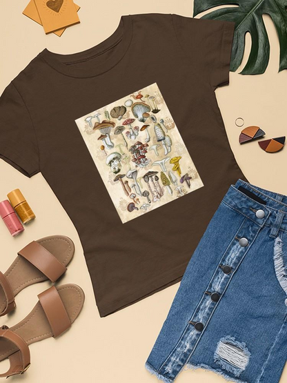 Mycological Study T-shirt by Naomi McCavitt Designs featuring mushroom illustrations on casual apparel.