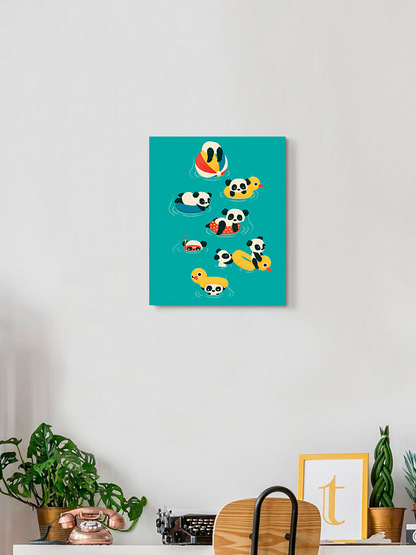 Panda Vacation wall art by Jay Fleck Designs, featuring a playful panda scene for home decor.