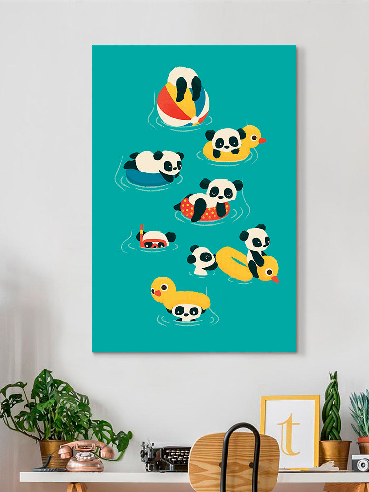 Panda Vacation wall art by Jay Fleck Designs featuring a panda relaxing on a tropical beach scene, ideal for home decor.
