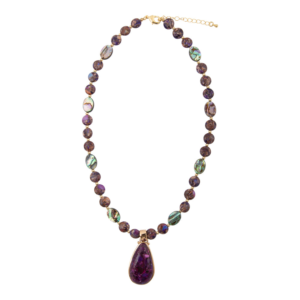 Purple turquoise and gold pendant necklace from Start2Finish, featuring a elegant jewelry design with vibrant stones and gold accents.
