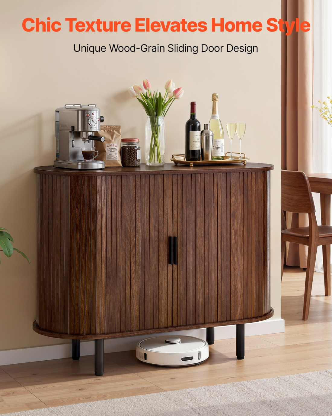 Walnut VEVOR mid-century coffee bar cabinet with fluted doors, sliding doors, and spacious storage for living room or kitchen.