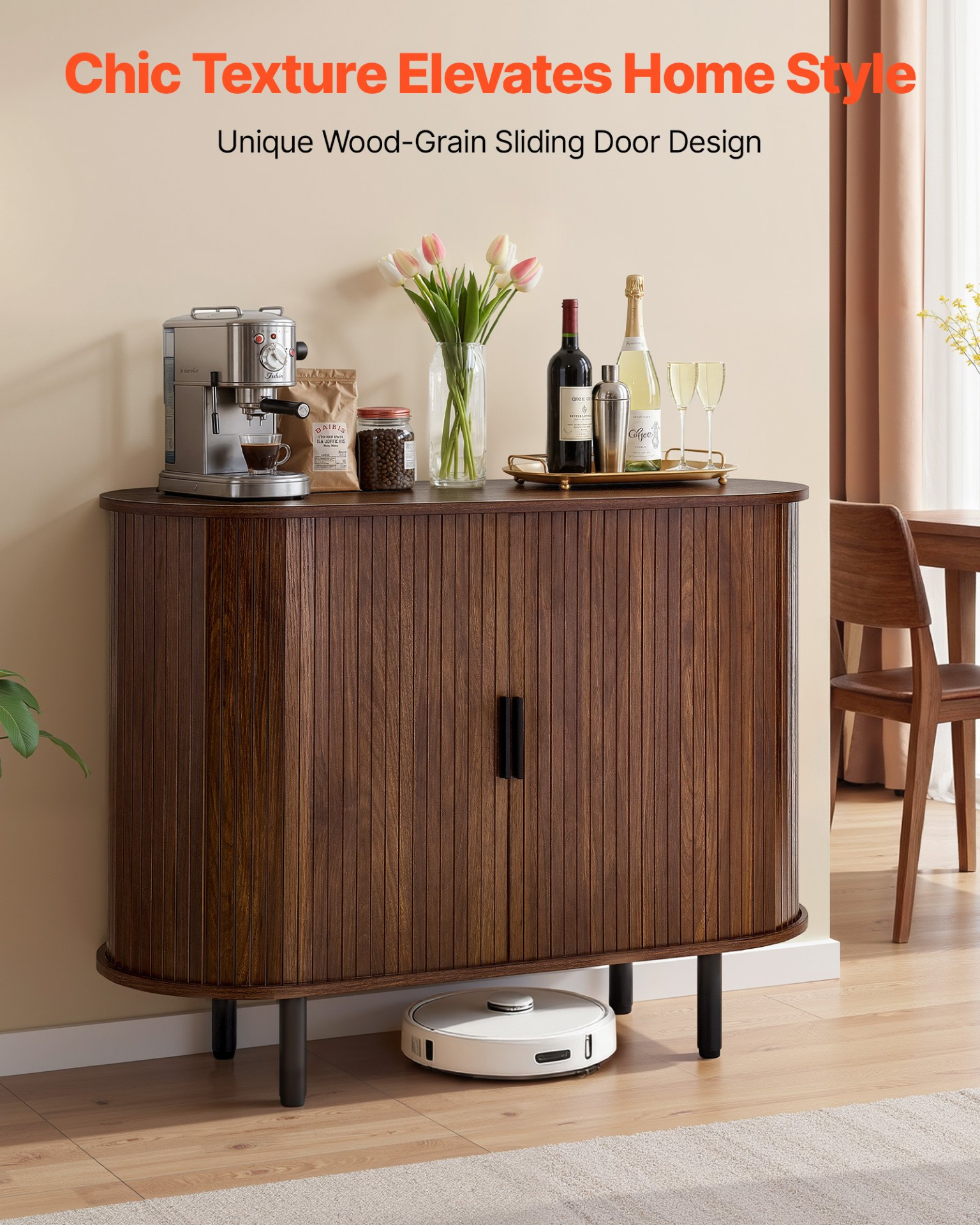 Walnut VEVOR mid-century coffee bar cabinet with fluted doors, sliding doors, and spacious storage for living room or kitchen.