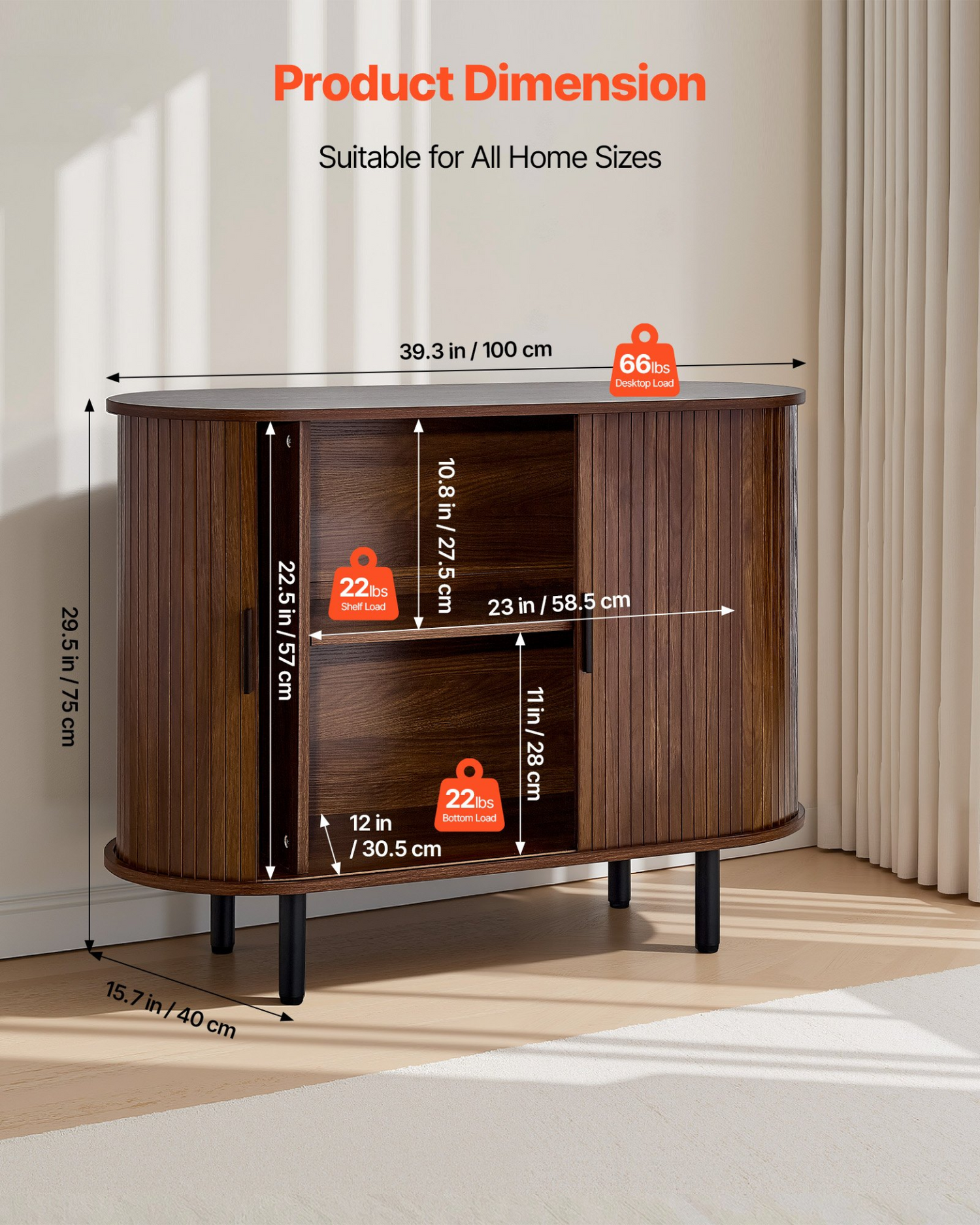 Walnut VEVOR coffee bar cabinet with 2 sliding doors, mid-century fluted design, ideal for living room, entryway, or kitchen.
