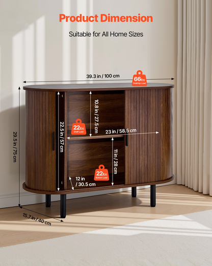Walnut VEVOR coffee bar cabinet with 2 sliding doors, mid-century fluted design, ideal for living room, entryway, or kitchen.