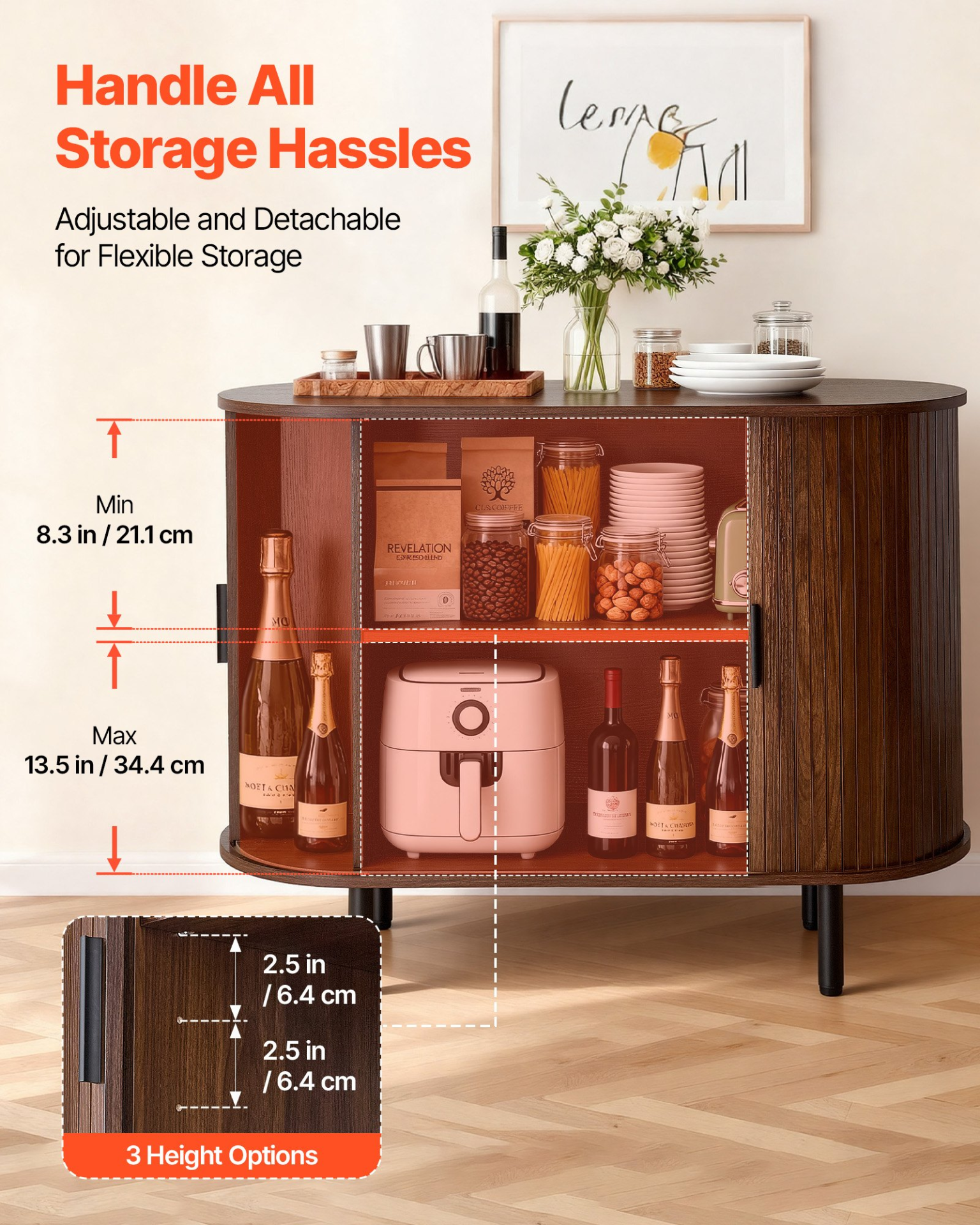 Walnut VEVOR mid-century coffee bar cabinet with fluted doors, sliding doors, ideal for living room, entryway, or kitchen storage