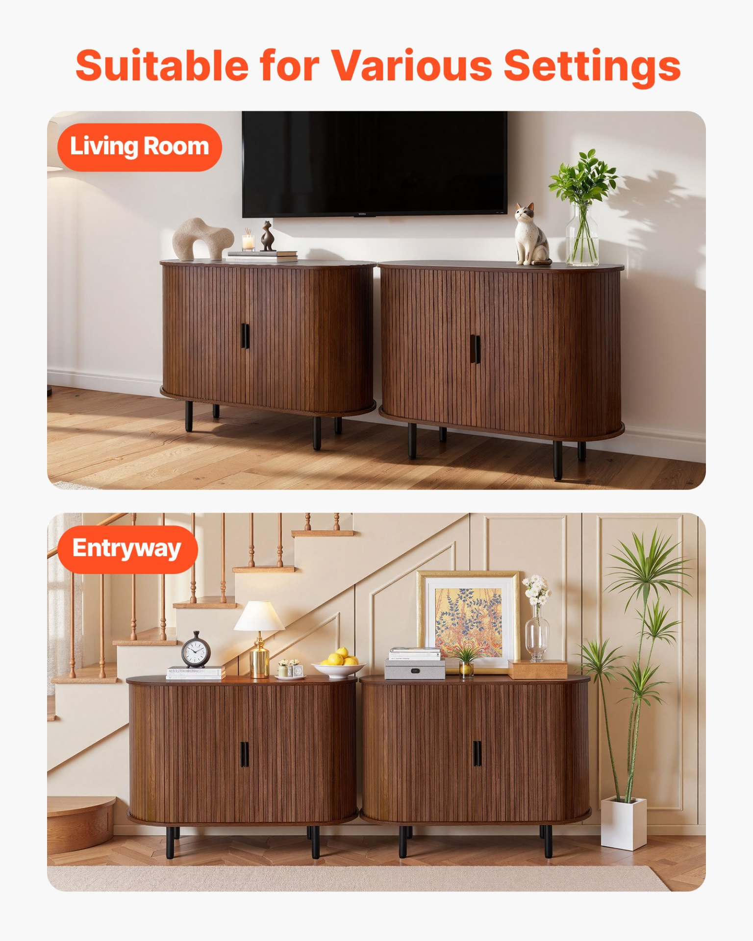 Walnut VEVOR mid-century coffee bar cabinet with fluted design, sliding doors, ideal as a living room or entryway buffet stand.