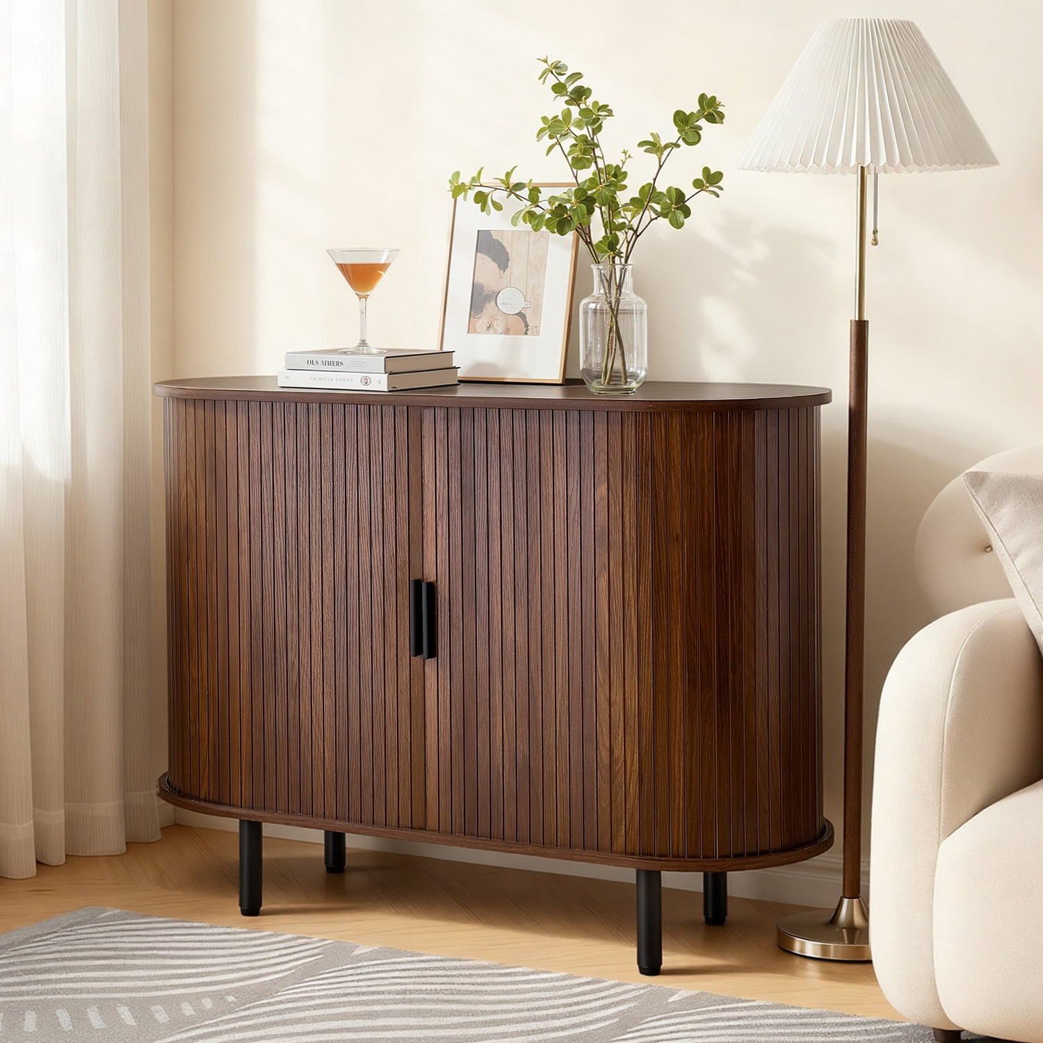 Walnut VEVOR mid-century coffee bar cabinet with two sliding doors, ideal for living room, entryway, or kitchen.