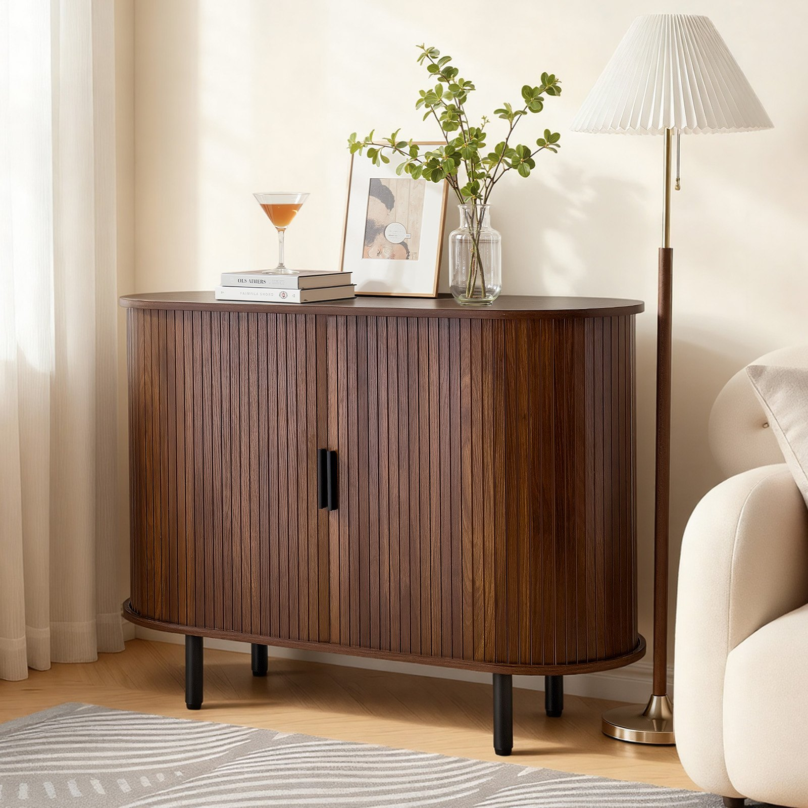 Walnut VEVOR mid-century coffee bar cabinet with two sliding doors, ideal for living room, entryway, or kitchen.
