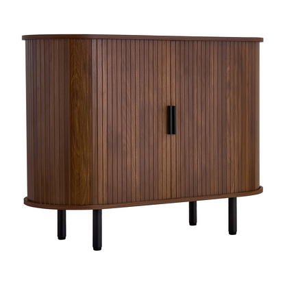 Walnut VEVOR coffee bar cabinet with two sliding doors, mid-century fluted design, ideal for living room, entryway, or kitchen.