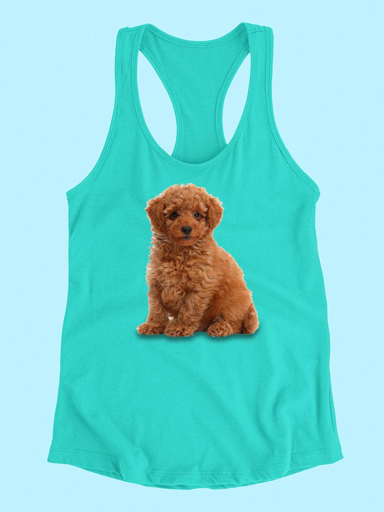 Sitting Maltese dog illustration on Start2Finish racerback tank top, SPIdeals Designs apparel, black fabric, casual wear.