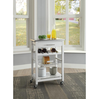 Start2Finish Clarke White Kitchen Cart with wooden top, open shelves, and storage drawers for versatile kitchen organization.