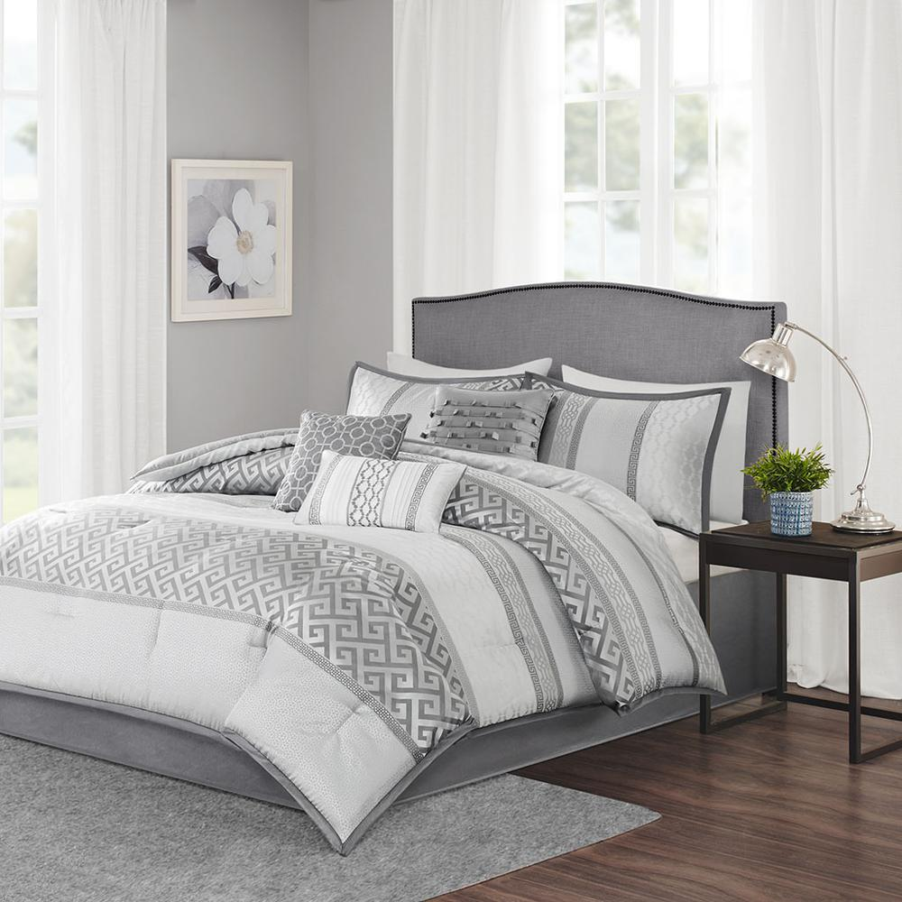 Start2Finish Bennett 7-piece Grey comforter bedding set with matching pillow shams and decorative accents.