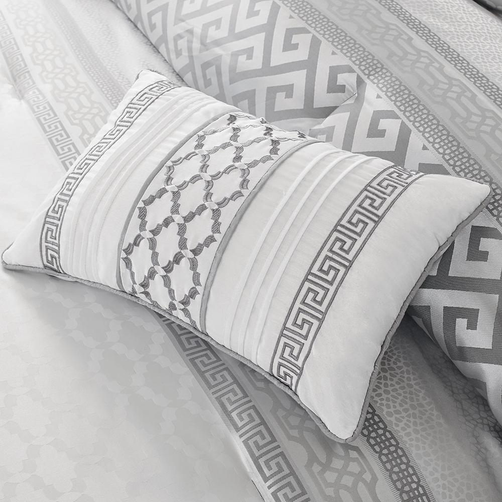 Start2Finish Bennett 7-piece grey comforter bedding set with matching pillow shams and decorative pillows on a bed.